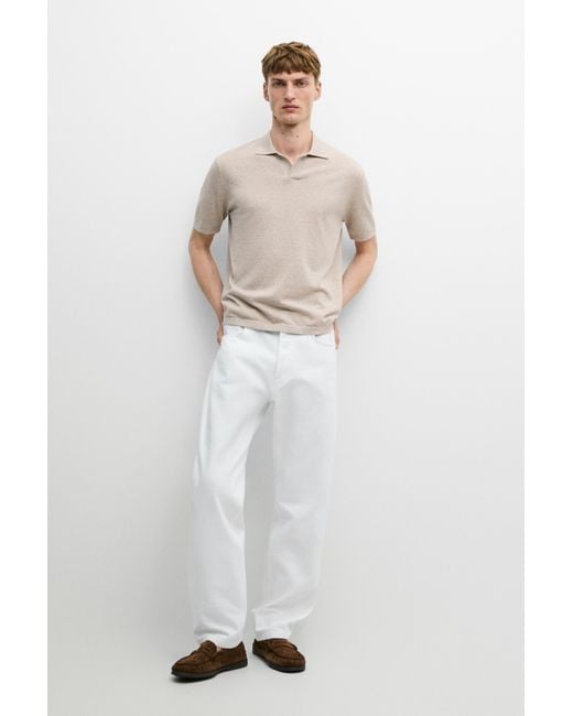 MASSIMO DUTTI Natural Cotton Linen Knit Polo Sweater for men