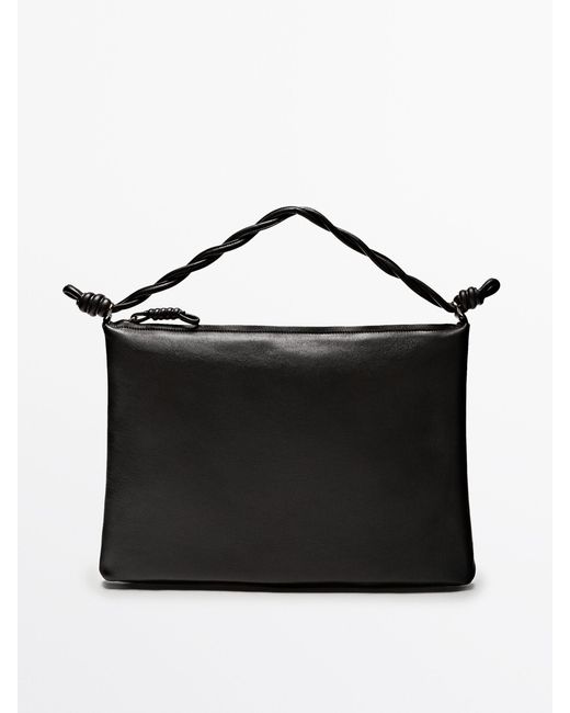MASSIMO DUTTI Black Nappa Leather Shoulder Bag With Knot Detail