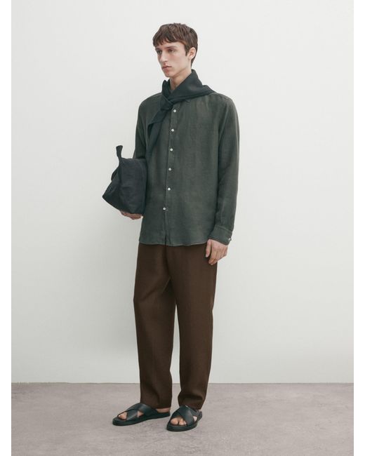 MASSIMO DUTTI Green Slim-Fit 100% Linen Shirt for men