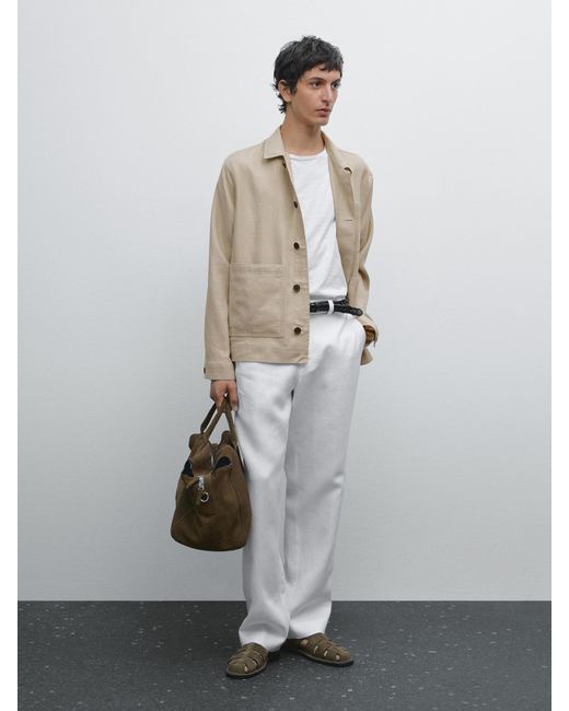 MASSIMO DUTTI White Lightweight Linen Trousers for men