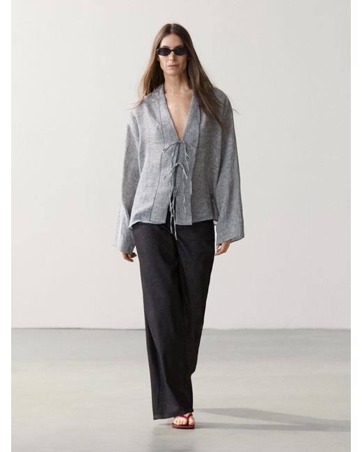 MASSIMO DUTTI Gray Linen Blend Blouse With Tie Details