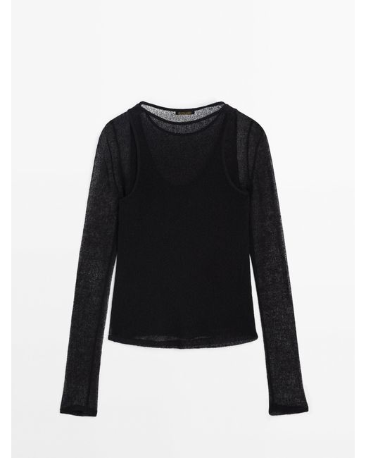 MASSIMO DUTTI Black Textured Cotton Blend Double-Layer Top