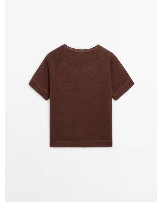 MASSIMO DUTTI Brown Linen T-Shirt With Short Raglan Sleeves