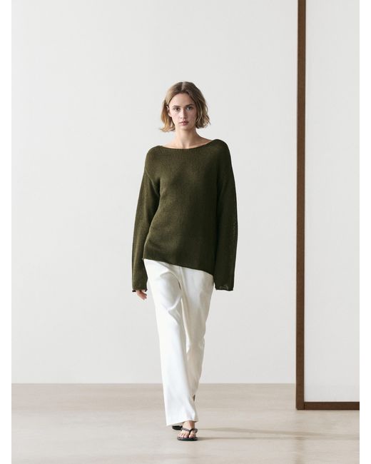 MASSIMO DUTTI White Cotton Blend Cutwork Knit Sweater