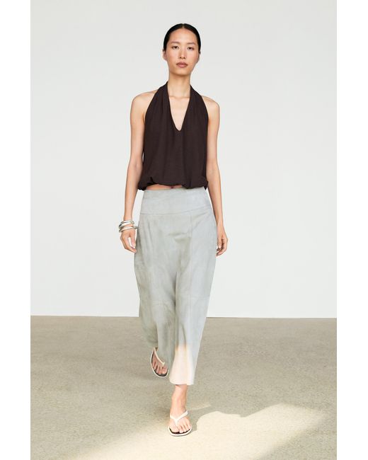 MASSIMO DUTTI Brown Cotton Halter Top With Elasticated Hem