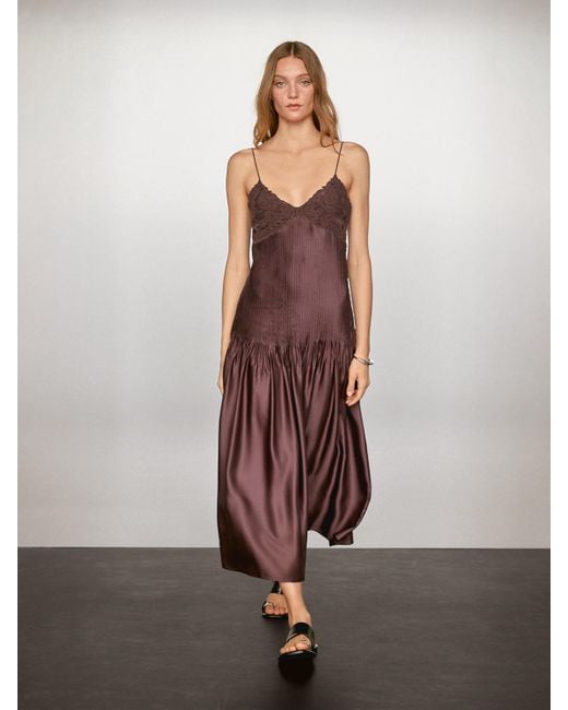 MASSIMO DUTTI Red Flowing Satin Midi Dress With Straps
