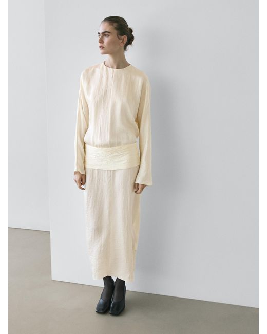 MASSIMO DUTTI Women's Natural Midi Dress With Sash Belt