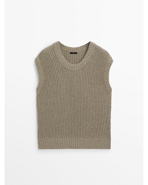 MASSIMO DUTTI Natural Knit Vest With A Crew Neck And Ribbed Detail