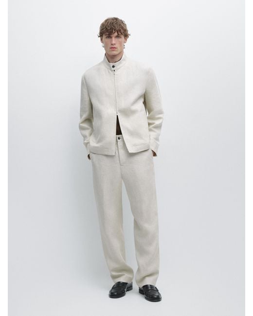MASSIMO DUTTI White Lightweight Linen Trousers With Herringbone Detail for men