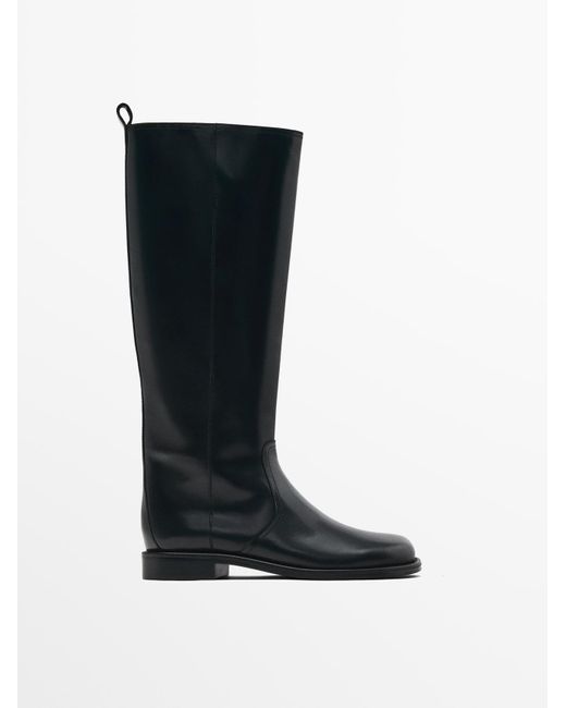 MASSIMO DUTTI Black Flat Boots With Rounded Toe