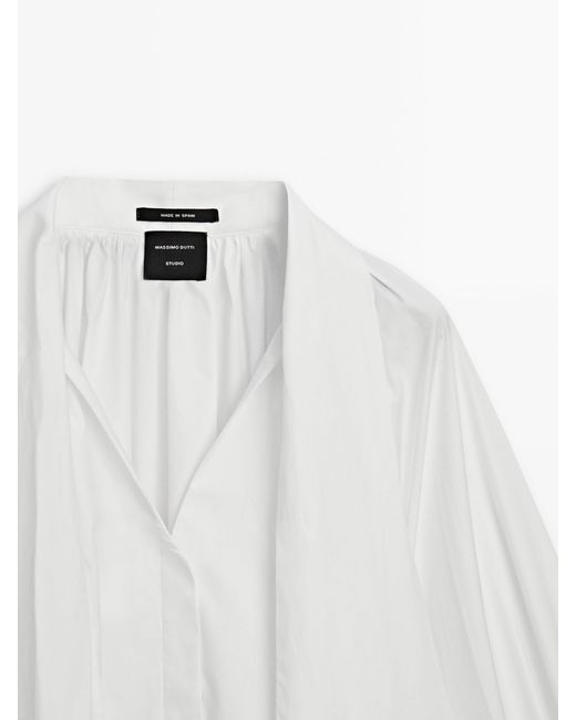 MASSIMO DUTTI White Pleated Cotton Shirt With Tie Detail