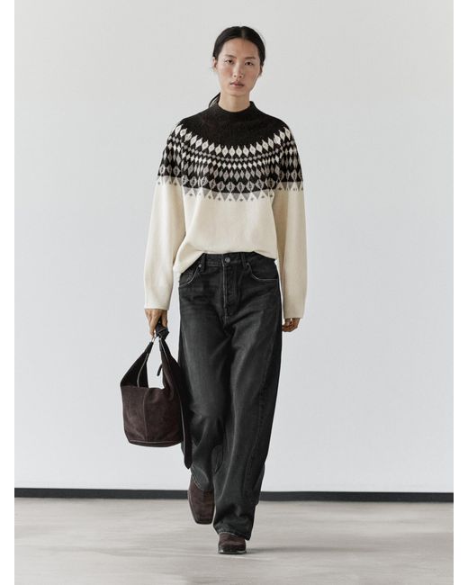 MASSIMO DUTTI Black Wool Blend Jacquard Knit Sweater