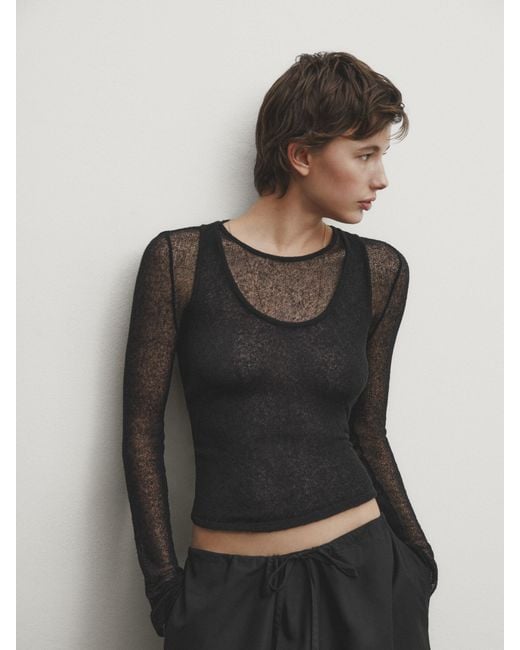 MASSIMO DUTTI Gray Textured Cotton Blend Double-Layer Top