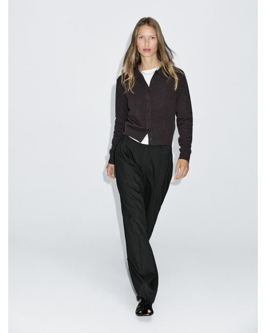MASSIMO DUTTI Black Mid-Rise Wide-Leg Pinstripe Trousers