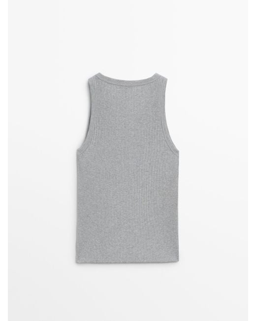 MASSIMO DUTTI Gray Sleeveless Ribbed Top With A Henley Collar