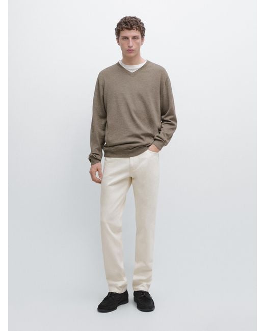 MASSIMO DUTTI White Cotton Blend V-Neck Knit Sweater for men