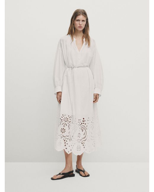 MASSIMO DUTTI White Kleid 100 % Baumwolle Stickerei - Weiss - Xs-S