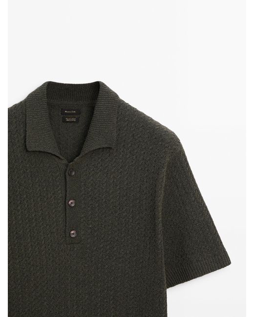 MASSIMO DUTTI Black Open-Knit Short Sleeve Polo Sweater for men