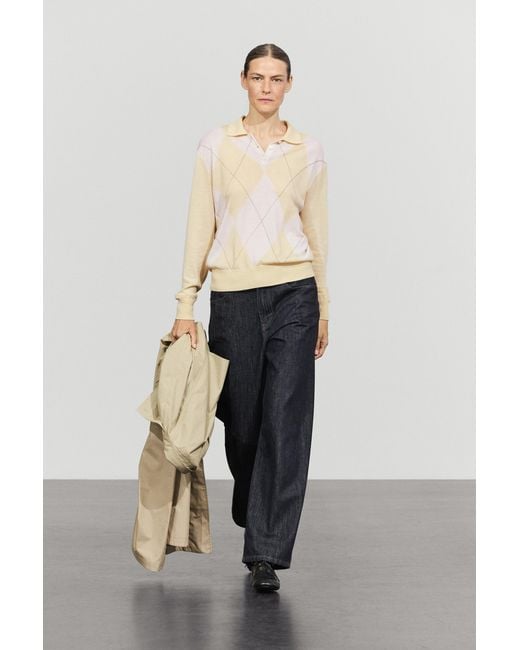 MASSIMO DUTTI Natural Argyle Knit Polo Sweater