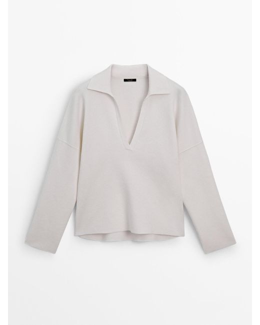 MASSIMO DUTTI Milano Knit Polo Collar Sweater in White Lyst
