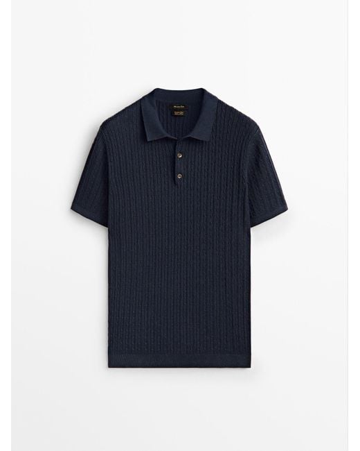 MASSIMO DUTTI Blue Short Sleeve Cable-knit Polo Sweater for men