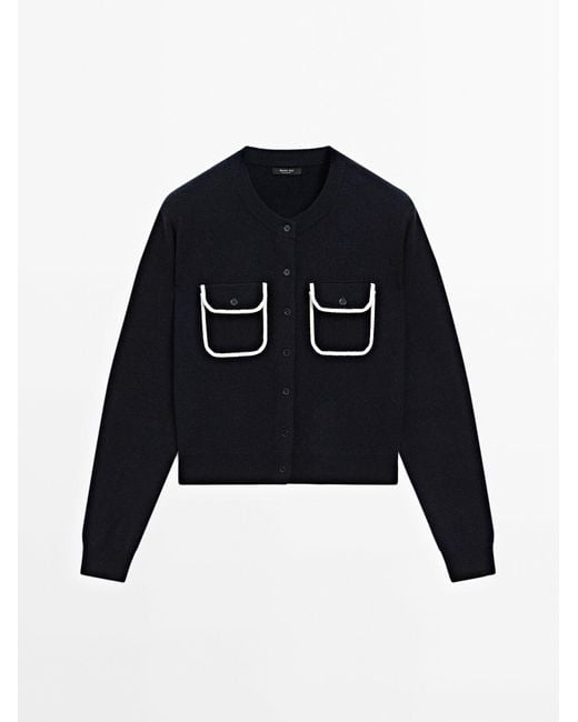 MASSIMO DUTTI Blue Contrast Trim Cardigan With Pockets