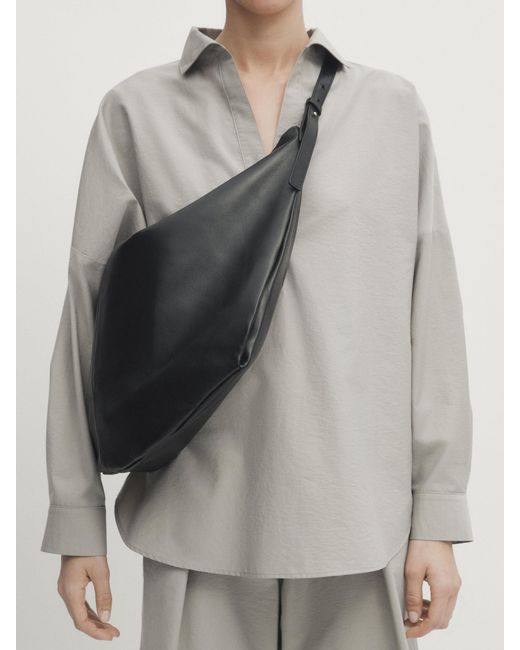 MASSIMO DUTTI Black Maxi Nappa Leather Half-Moon Bag
