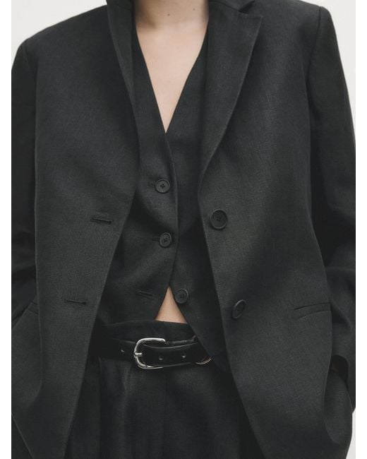 MASSIMO DUTTI Black 100% Linen Buttoned Blazer