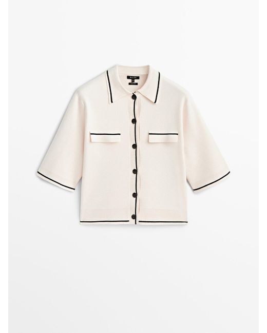 MASSIMO DUTTI Contrast Knit Cardigan With Short Sleeves in Natural Lyst