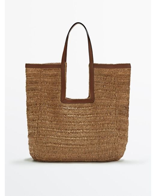 MASSIMO DUTTI Raffia Maxi Tote Bag With Leather Handles in Natural | Lyst