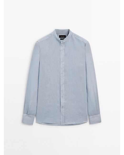 MASSIMO DUTTI Blue Regular-Fit Linen Shirt With A Stand Collar for men