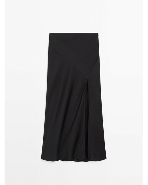 MASSIMO DUTTI Black Bias-Cut Textured Midi Skirt With Split Detail