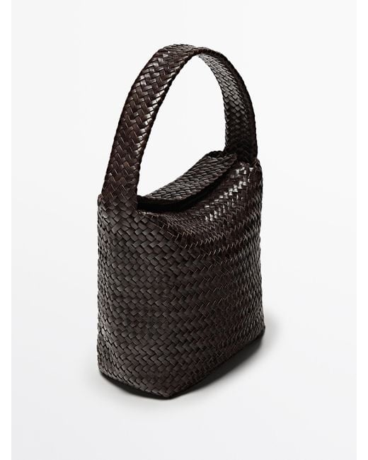 MASSIMO DUTTI Black Woven Nappa Leather Bucket Bag