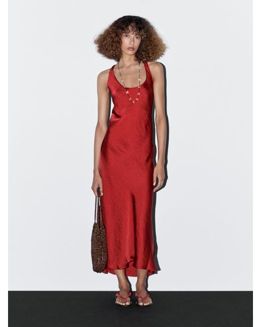 MASSIMO DUTTI Red Long Satin Dress With Round Neckline