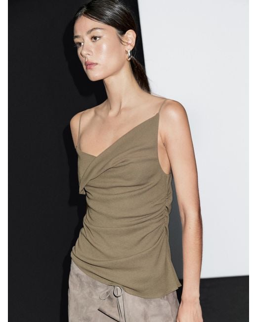 MASSIMO DUTTI Green 100% Cotton Top With Asymmetric Neckline