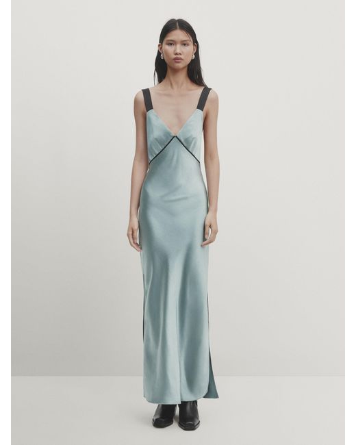 MASSIMO DUTTI Blue Satiniertes Kleid Mit Kontrastierenden Details - Studio - Blaugrün - S
