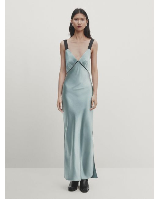 MASSIMO DUTTI Blue Satin Dress With Contrast Details