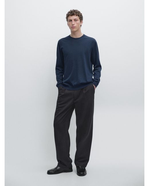MASSIMO DUTTI Blue Merino Wool Knit Sweater for men