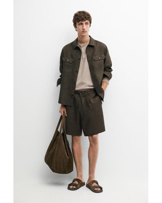 MASSIMO DUTTI Green Linen Bermuda Shorts With Elastic Waist for men