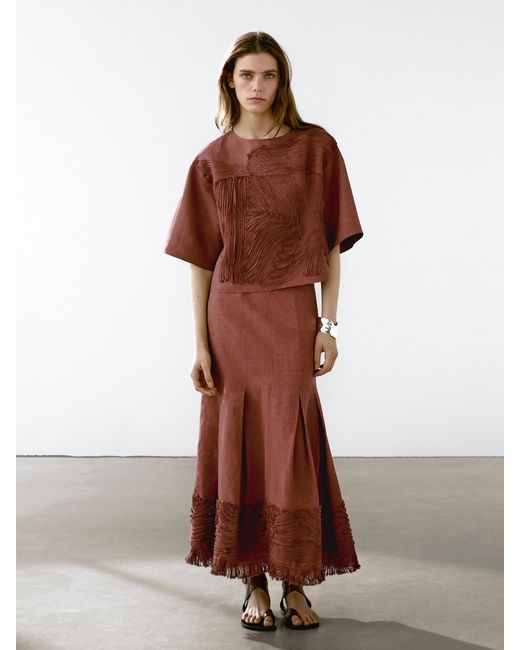 Gonna Midi Morbida Con Ricamo di MASSIMO DUTTI in Brown