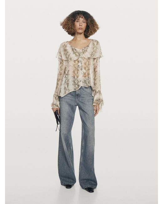 MASSIMO DUTTI Natural Snakeskin Print Blouse With Ruffles