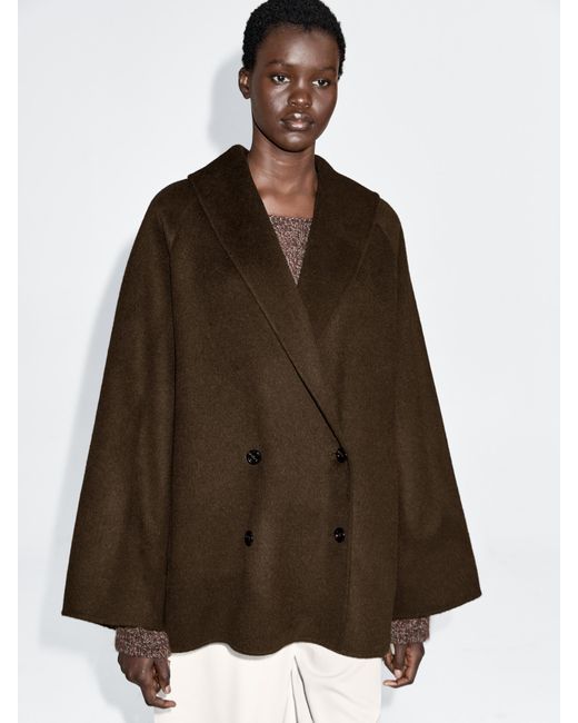 MASSIMO DUTTI Brown Wool Blend Double-Breasted Coat With Tuxedo Collar