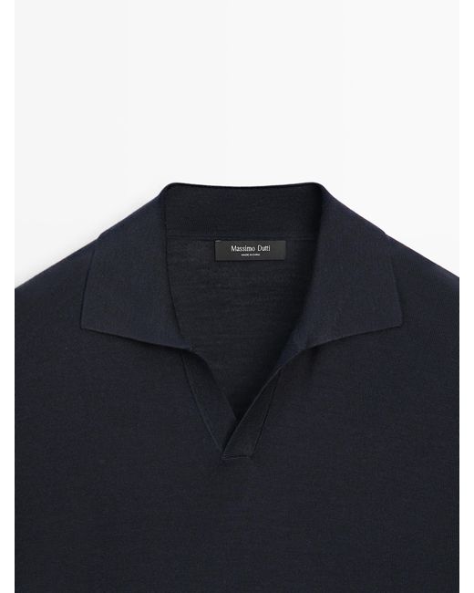MASSIMO DUTTI Blue Knit V-Neck Polo Shirt for men