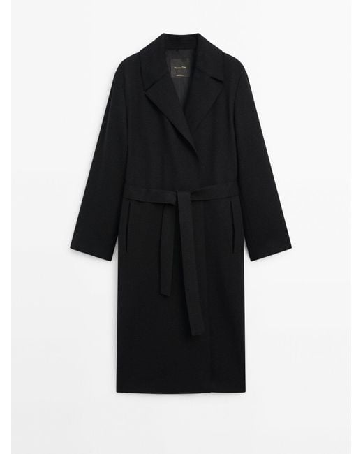MASSIMO DUTTI White Belted 100% Wool Long Coat