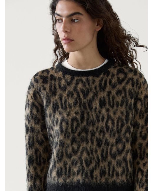 MASSIMO DUTTI Black Wool Blend Animal Print Knit Sweater