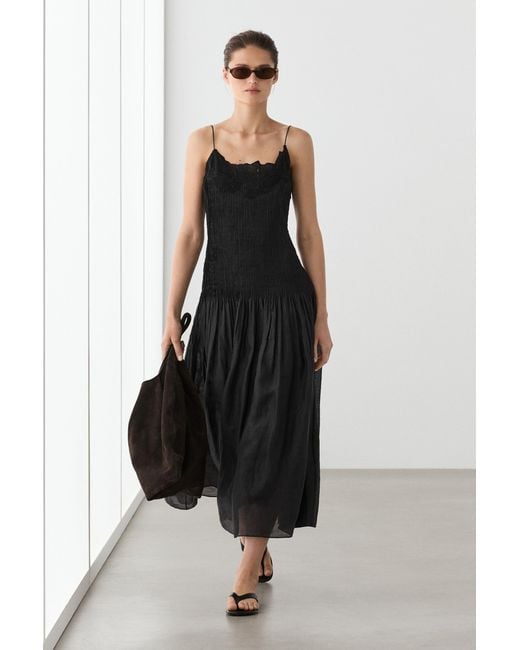 MASSIMO DUTTI Black Flowing Embroidered Midi Dress With Pintuck Detail