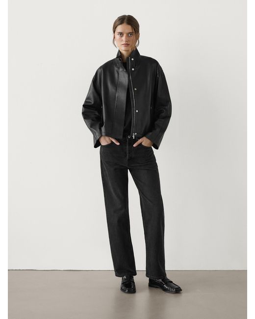MASSIMO DUTTI Black Loose-Fitting Nappa Leather Jacket