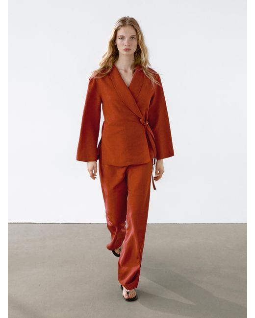 MASSIMO DUTTI Red Flowing Linen Blend Trousers