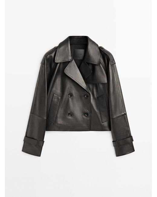 MASSIMO DUTTI Black Cropped Nappa Leather Trench Coat