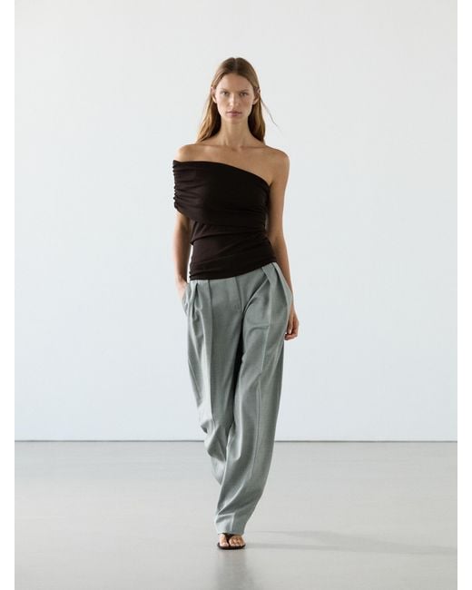 MASSIMO DUTTI Brown Asymmetric Draped Neckline Top